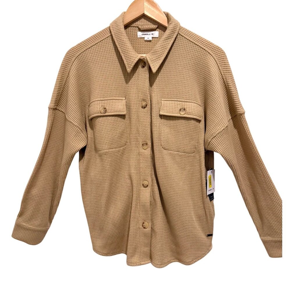 O’Neill Women’s XS Waffle Knit Jacket Shacket Tan Button Front NWT Neutral Cozy